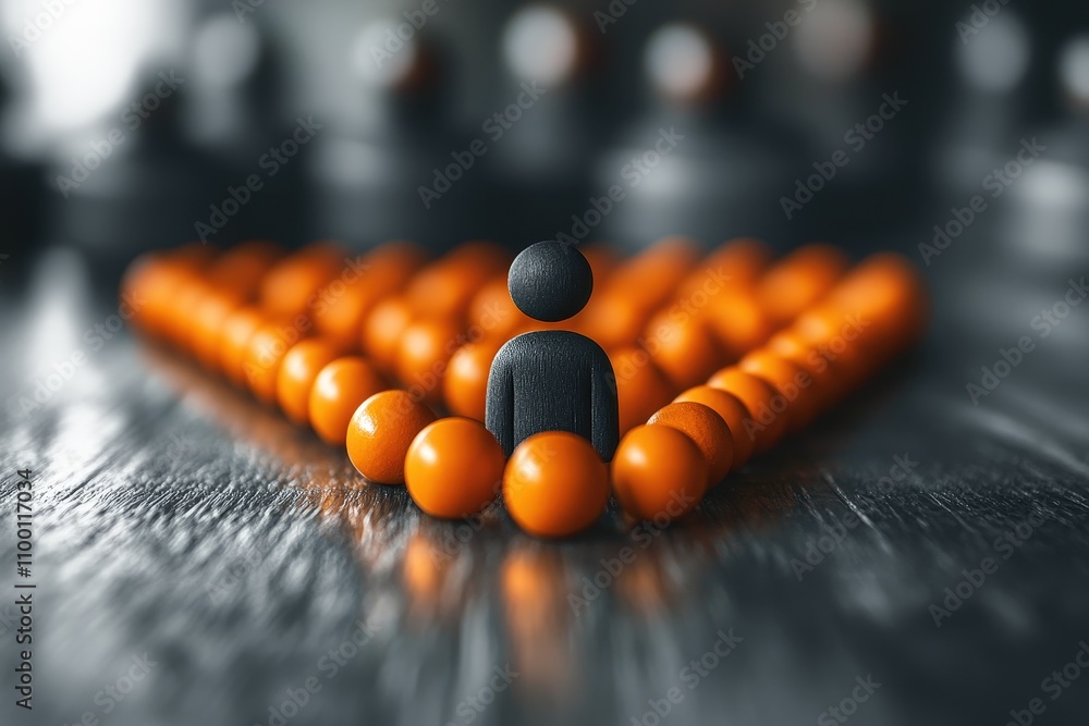 Poster black figure surrounded by orange balls creating a visual representation of leadership and teamwork 