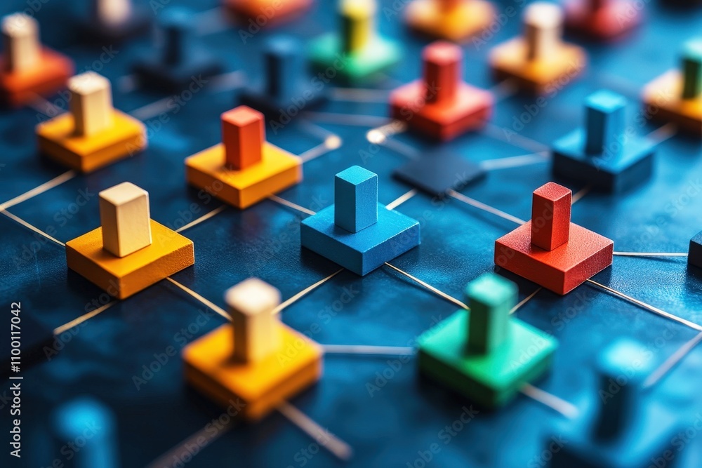 Poster colorful wooden blocks on a blue network grid creating an abstract representation of connections and