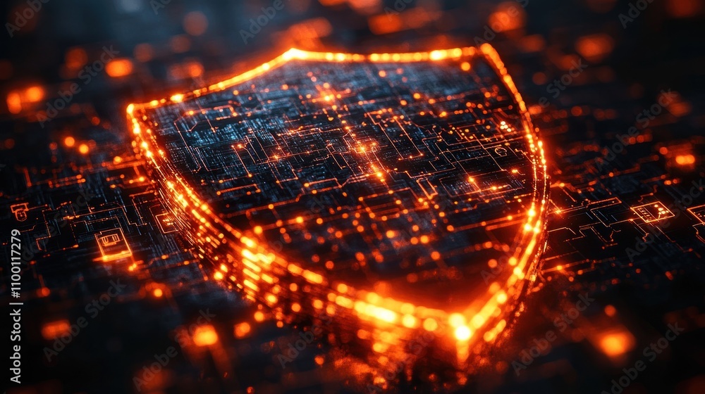 Poster a glowing digital shield representing cybersecurity and data protection.
