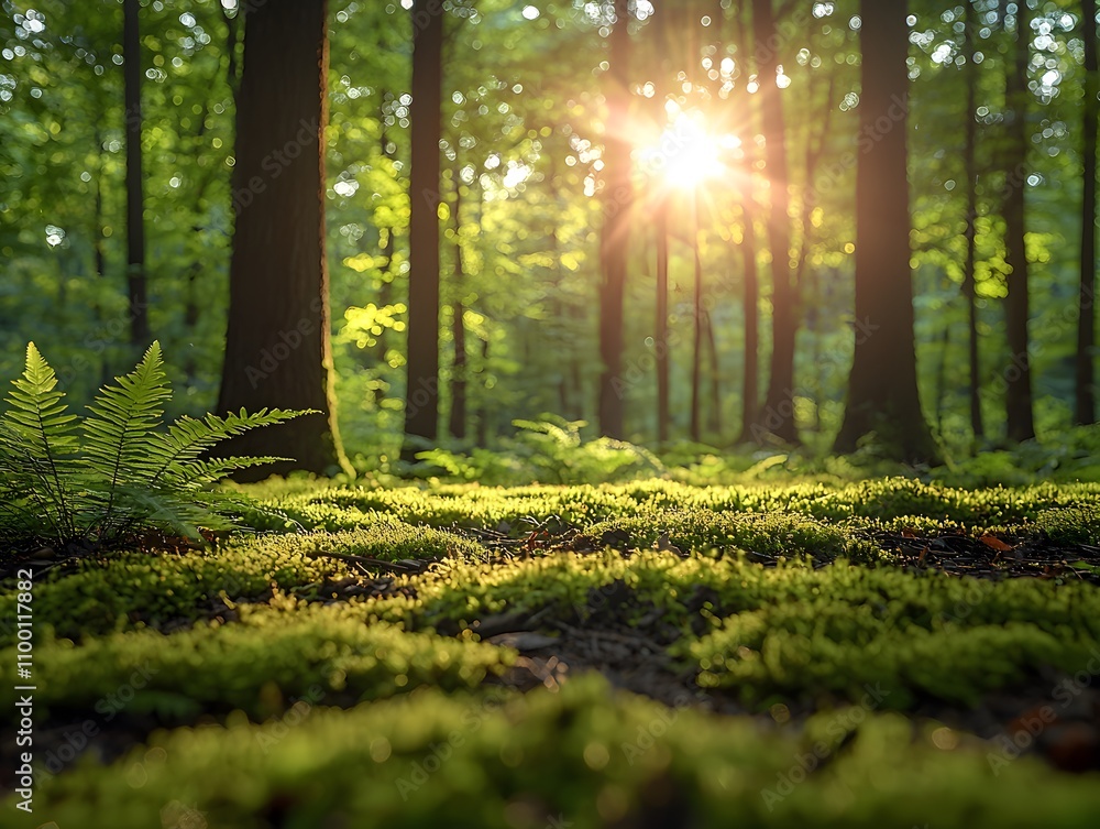 Aufkleber Sunlight Filters Through Lush Green Forest Trees Creating a Magical Atmosphere Over Soft Moss and Ferns on the Vibrant Forest Floor