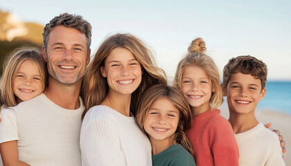 Fototapeta premium casual family photo 2020, caucasian family with brown hair, they are fit and the parents are in their early thirties. The children are an 11 year old girl, a 9 year old girl, a 7 year old boy