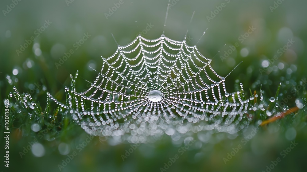 Poster delicate spider web adorned with dew drops glimmering in morning light, capturing the beauty of natu