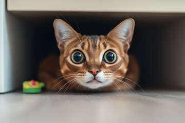 Curious Bengal cat peeking from under furniture.