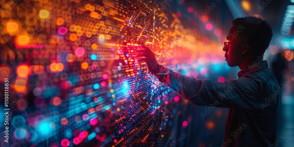 Poster man interacting with a glowing digital interface, surrounded by vibrant neon lights and futuristic d