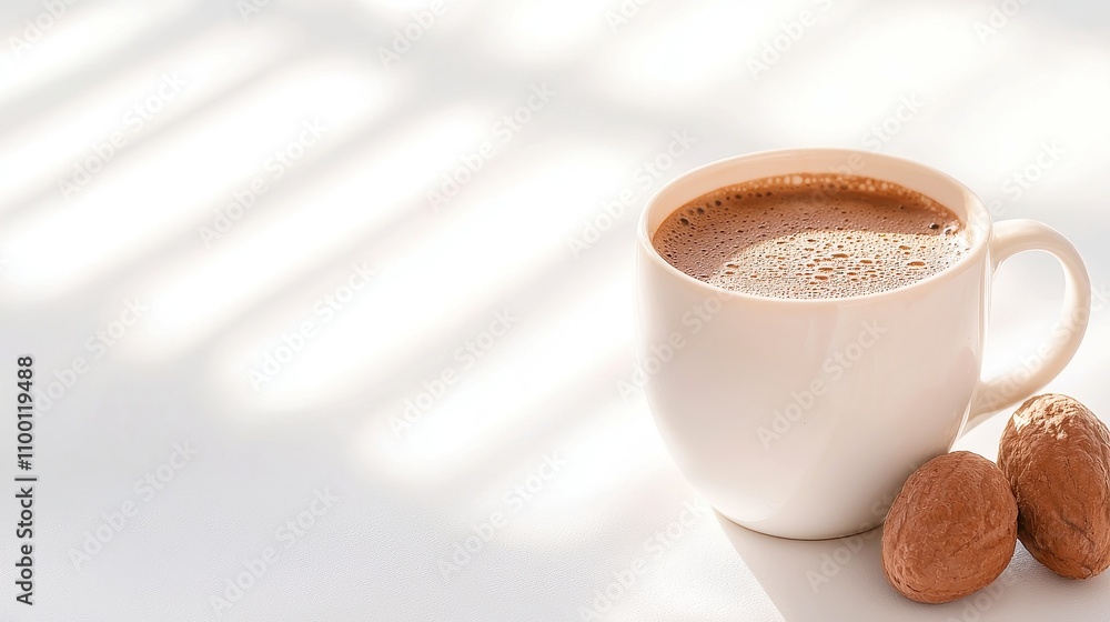Poster cocoa delight in a minimalist setting, a rich cocoa spread showcased in an inviting, open space, enh