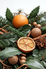 christmas natural decoration with dried fruits, cinnamon and pinecones