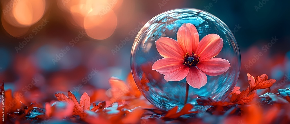 Poster ethereal flower encased in a crystal bubble on an autumn leaf carpet, bathed in soft evening light w
