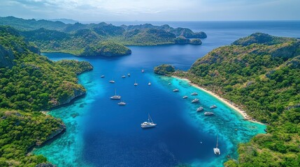 Fototapeta premium Aerial view of idyllic tropical bay with yachts and lush green islands.