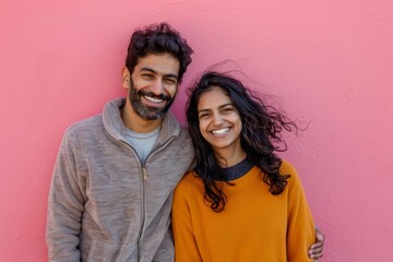Obraz premium Portrait of a smiling indian couple in their 30s dressed in a comfy fleece pullover isolated in solid pastel color wall