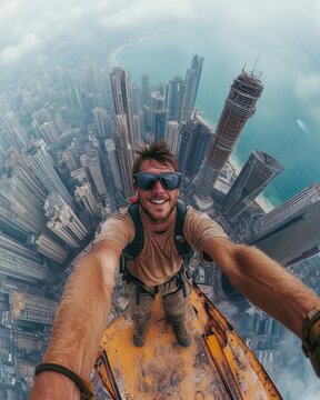 Rooftopper taking a selfie on top of skyscraper with cityscape view