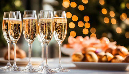 Glasses of champagne in a holiday atmosphere, A professional photographer. Set the aperture between f/4 and f/5. 6 sharp focus while maintaining a nice background blur. Keep the ISO low (100 - 400) to
