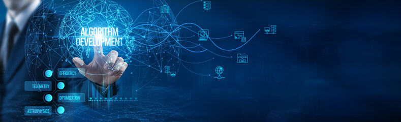Businessman touching algorithm development icon on virtual interface, data processing, machine...