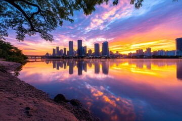 A cityscape reflected in a river at dawn, with towering skyscrapers bathed in warm morning light