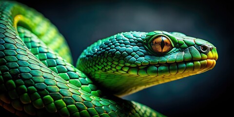 Fototapeta premium Stunning macro photograph of a green snake, highlighting its intricate scales, with ample copy space ideal for nature lovers and wildlife enthusiasts to enjoy.