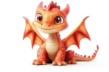 Fototapeta premium A cute fieryred cartoon dragon sitting proudly, wide smile, bright white background, playful style isolated on white background