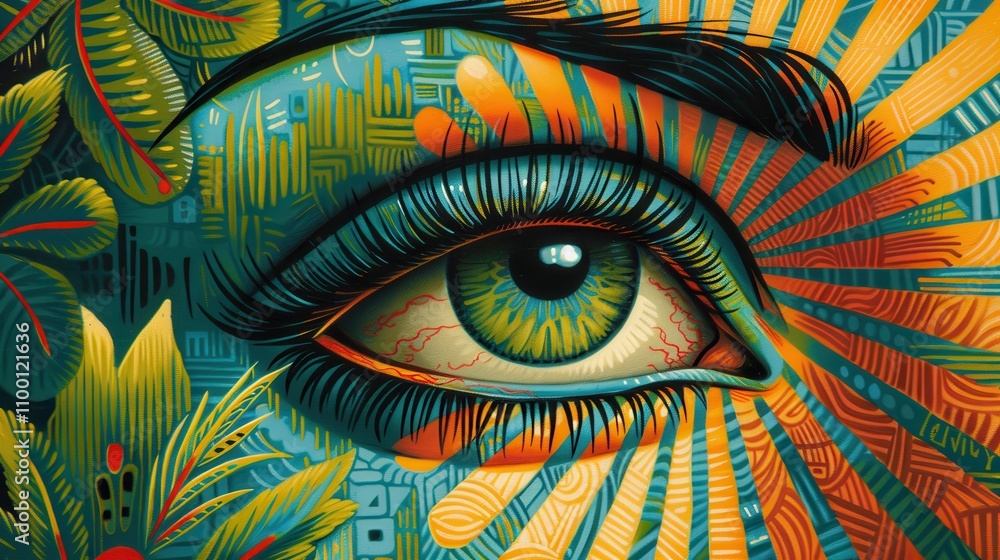 Poster whimsical doodle of an eye with playful elements in vibrant colors and intricate patterns