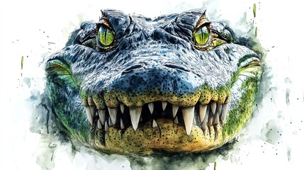 A highly detailed watercolor alligator with rough green scales, sharp teeth, and intense gaze isolated on white background