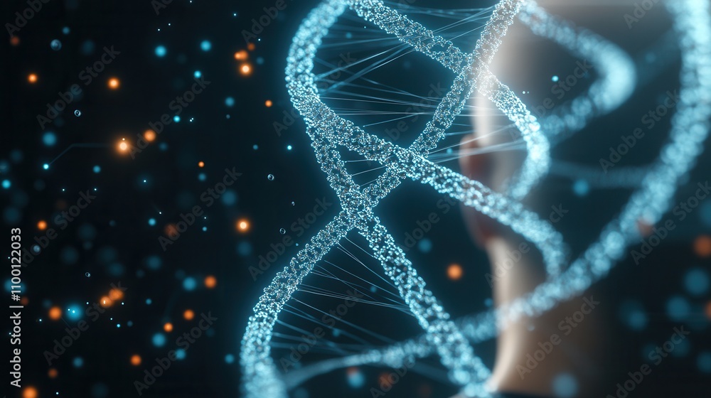 Poster a glowing dna helix intertwines with a human silhouette, representing the intersection of genetics a