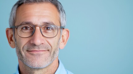 Obraz premium Casual Portrait of a Middle-Aged Man, wearing eyeglasses and a blue shirt, set against a simple background, conveying a relaxed and approachable demeanor.