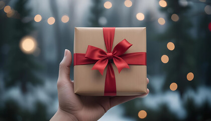 Hand holding a gift box brown paper and red ribbon white blurred and bokeh lights background