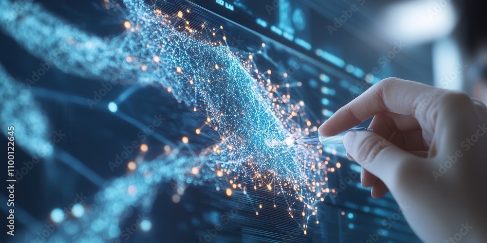 Poster A hand interacts with a glowing digital interface, showcasing a blend of technology and data visualization in a futuristic setting.