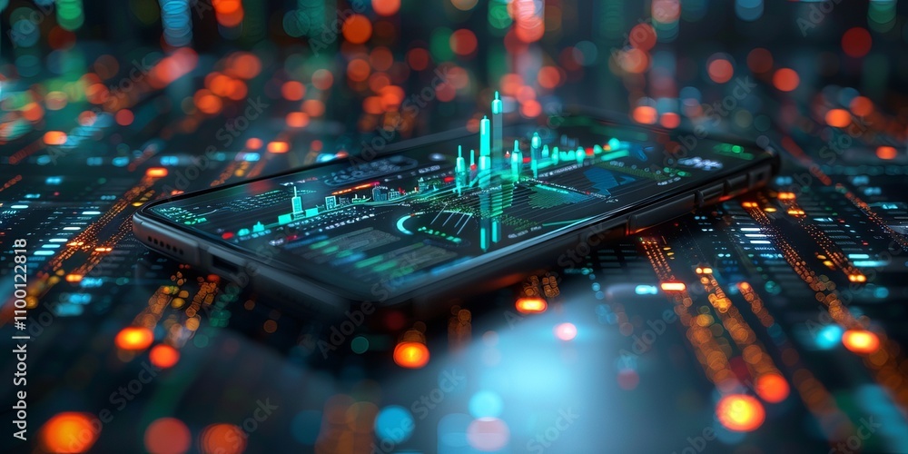 Poster smartphone displaying glowing financial graphs and analytics in a futuristic digital environment, sy