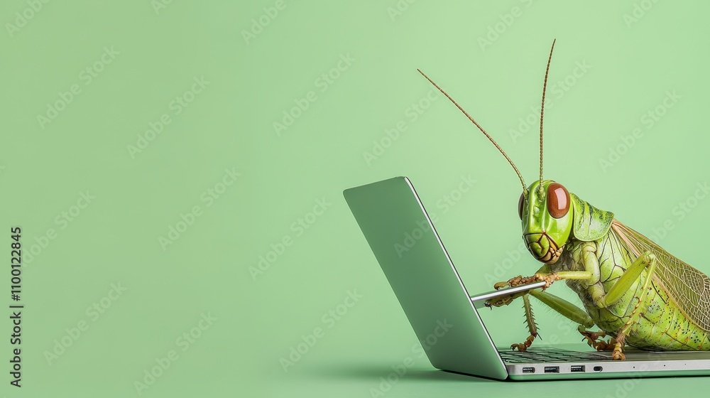 Poster grasshopper using a tablet while working on a green background for creative concepts