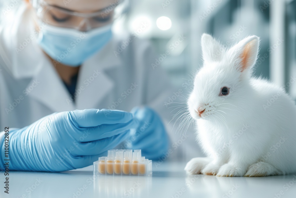 Poster A researcher in a lab coat examines a white rabbit while preparing samples in a scientific setting, highlighting animal testing and laboratory procedures.