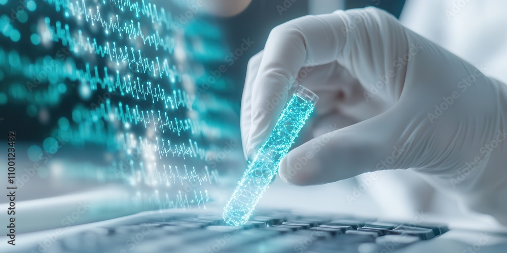 Poster A scientist in a glove holds a test tube above a keyboard, with digital data flowing from the tube, illustrating the intersection of technology and research.