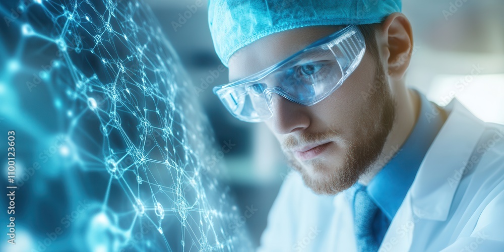 Poster A focused scientist in a lab coat and goggles studies a digital interface showcasing molecular structures.