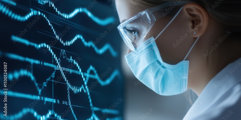 Poster a woman in a lab coat and protective gear analyzes data on a digital screen, highlighting the inters