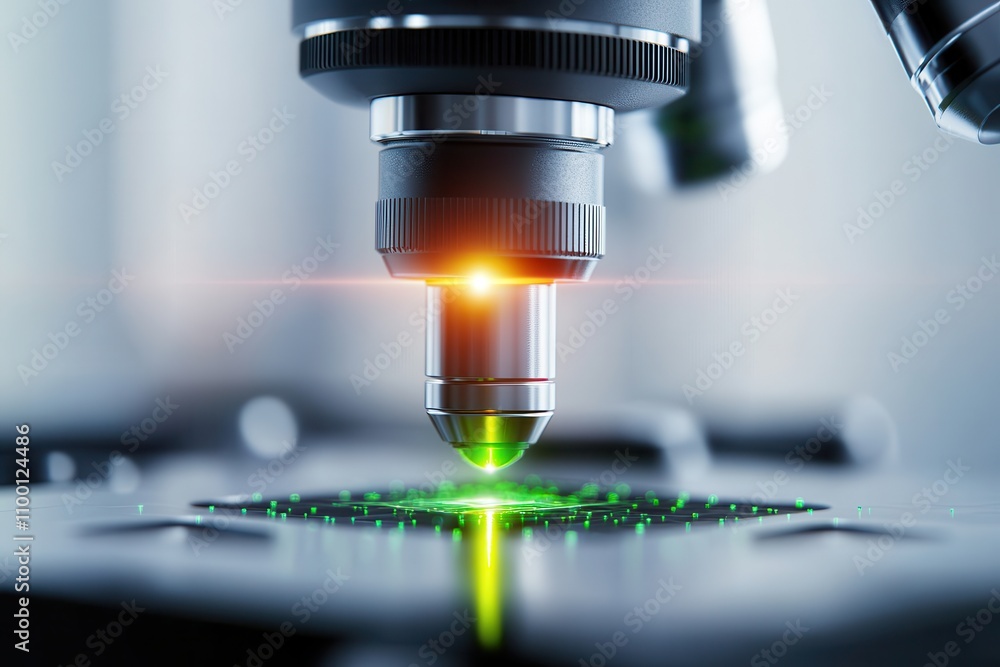 Poster a close-up view of a microscope lens illuminating a sample with green and orange light, showcasing h