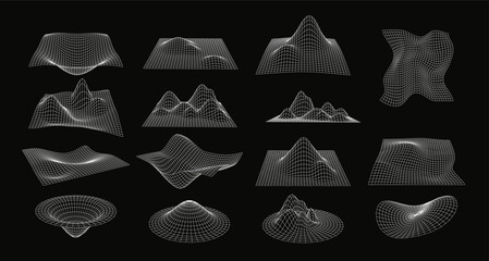 3d wireframe shapes, perspective grid waves, tech mesh white line elements on black, dimensional mountains vector set