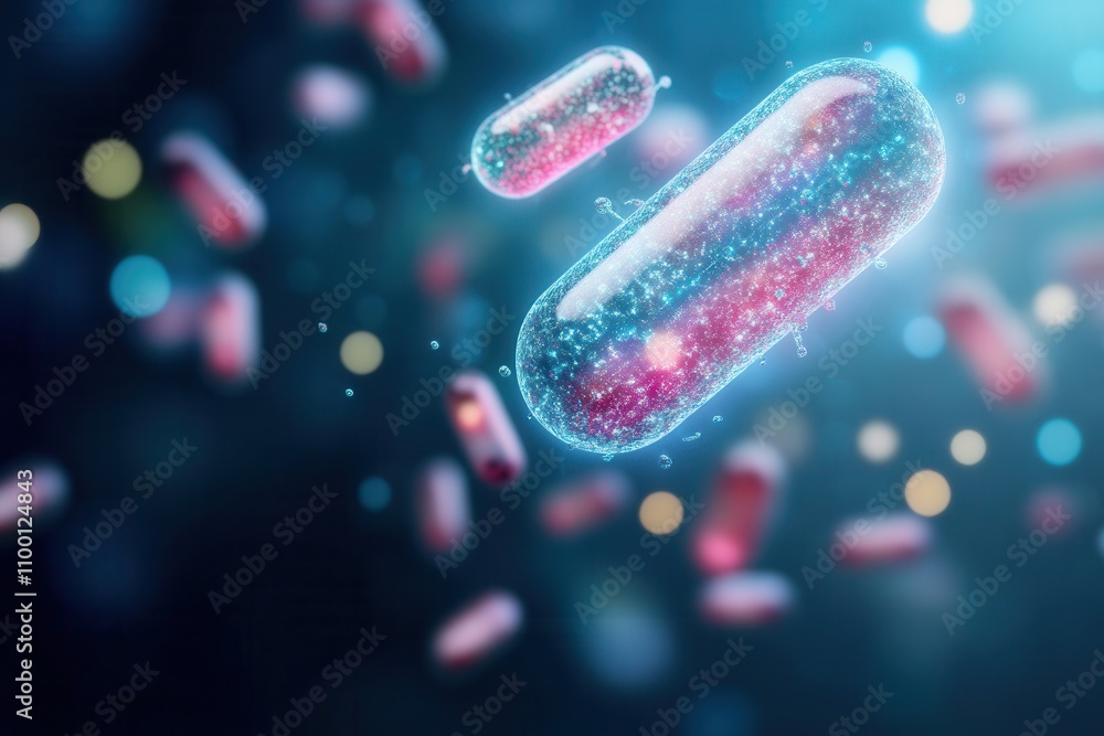 Poster a vibrant depiction of microorganisms floating in a colorful, abstract environment, illustrating the