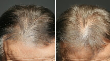 Senior man showing hair regeneration treatment before and after dyeing process