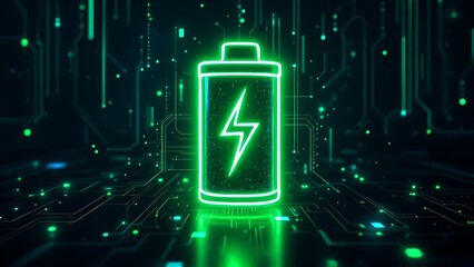 Glowing green power neon futuristic energy storage, high capacity rechargeable lithium ion battery