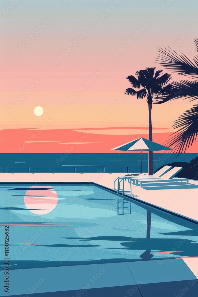 Poster serene minimalist flat design of a poolside view at sunset with palm trees and reflection