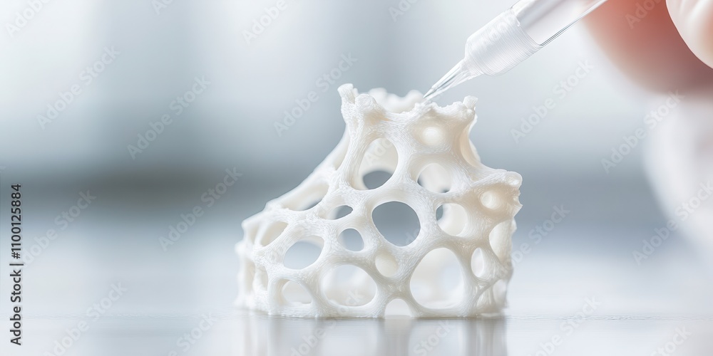Poster a detailed close-up of a white, porous structure being treated or examined, highlighting texture and