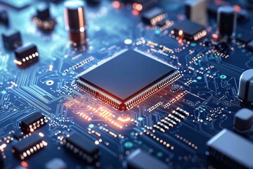 Fototapeta premium Close-up view of a microchip on a circuit board showcasing advanced technology and design