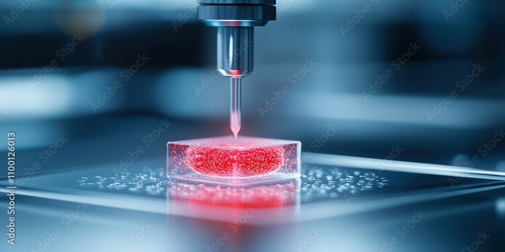 Poster A high-tech device is dispensing liquid into a transparent medium, illuminated with a red glow, showcasing advanced scientific technology.