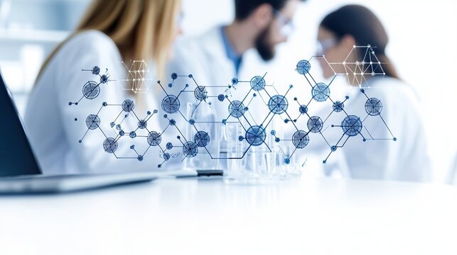 A laboratory scene featuring scientists in white coats, focused on research, with a digital overlay of molecular structures.