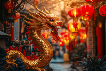 Fototapeta premium Chinese dragon against red round lanterns