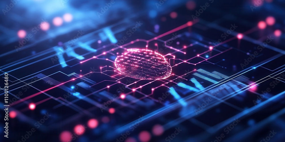 Poster A digital representation of a fingerprint surrounded by glowing circuitry, symbolizing advanced technology and artificial intelligence.
