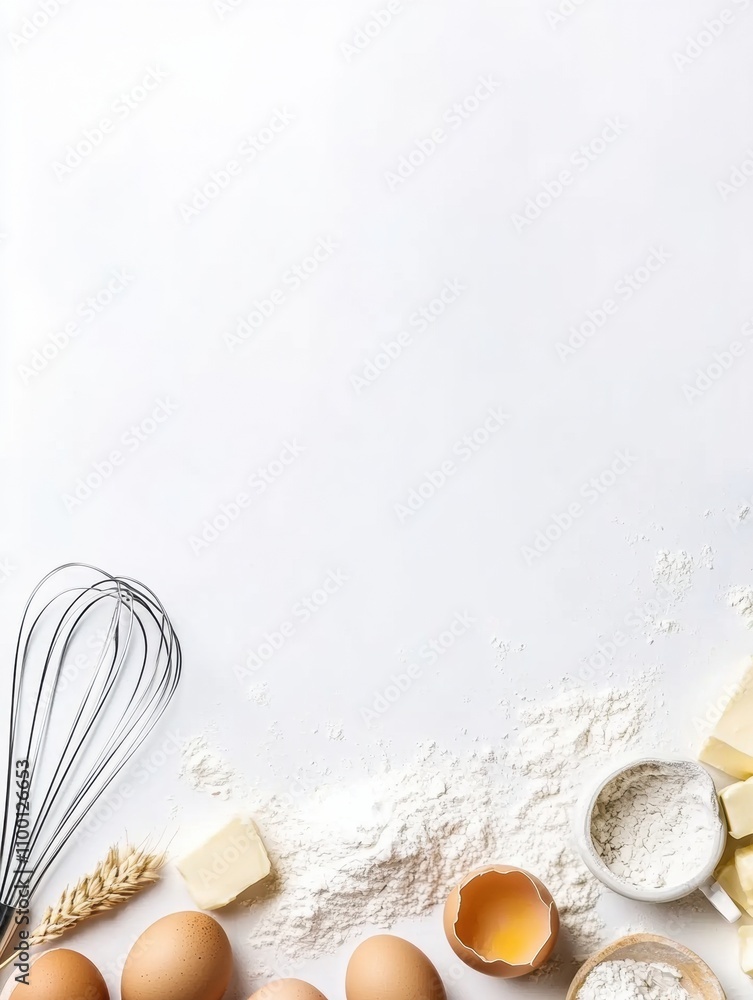 Poster flour, eggs, whisk, and butter are neatly arranged on a white background, perfect for adding your fa