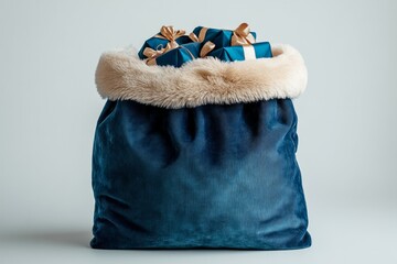 Naklejka premium Bag in blue colours with presents inside, studio white background.