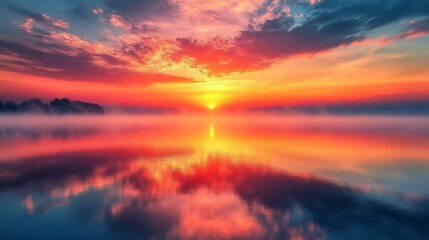 Fototapeta premium Vibrant Sunrise Over Misty Lake Reflecting Colorful Sky
