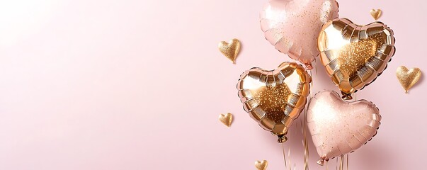 Romantic pale pink Valentines design with shimmering golden heart balloons