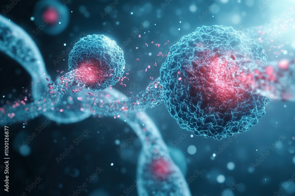 Aufkleber An artistic representation of molecular structures, showcasing interconnected cells with glowing elements in a dynamic, abstract environment.