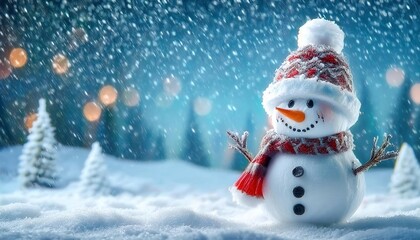 Fototapeta premium Whimsical Snowman in a Magical Winter Wonderland. Cheerful Frosty Figure with Red Scarf and Hat Amid Falling Snow and Festive Glow, Perfect for Holiday Cards, Advertisements, or Winter Decor
