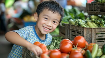 Boy Smiling at Tomatoes